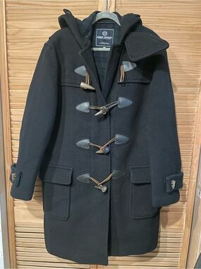 Harvard University Black Wool Toggle Pea Coat with Hood by